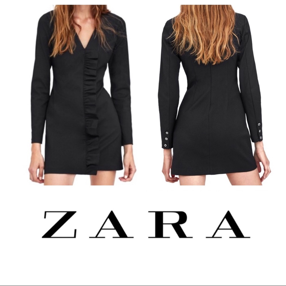 Zara Black Long Sleeve Front Ruffle Mini Dress